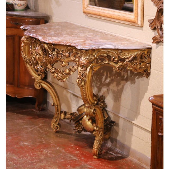 Early 19th Century French Louis XV Rococo Giltwood Console With Rouge Marble Top For Sale - Image 4 of 18