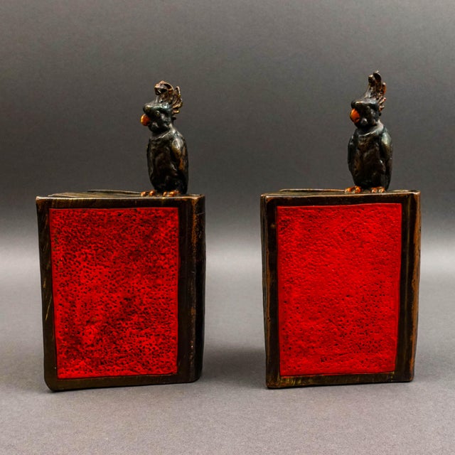 Mid-Century Modern Pompeian Bronze Co. Antique Atlas of the World Cockatoo Parrot Bookend Set of 2 For Sale - Image 3 of 8