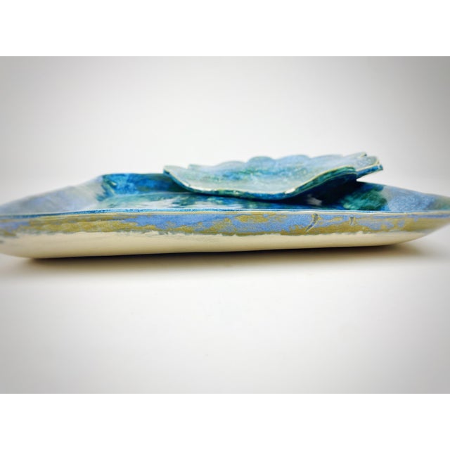 Contemporary Blue-Green Crystalline Glaze Studio Pottery Serving Platter With Sculptural Bowl, 13″ For Sale - Image 3 of 9
