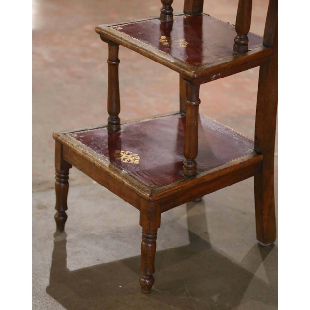 Late 19th Century 19th Century French Carved Walnut and Red Leather Three-Step Library Ladder For Sale - Image 5 of 9