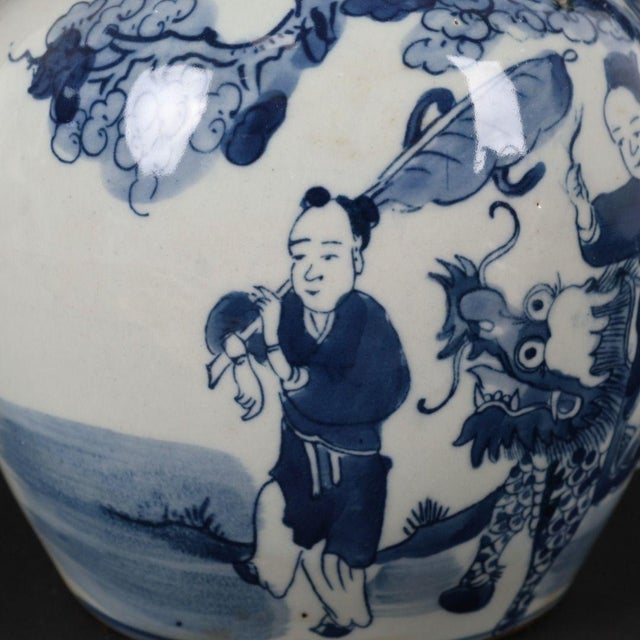 1960s Blue and White Porcelain Lidded Ginger Jar With "Qilin Bringing a Child" Motif - 6" H For Sale In Los Angeles - Image 6 of 9