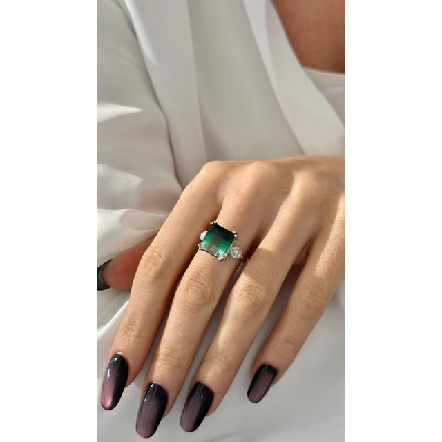 2010s Natural Tourmaline Diamond Ring Size 7 14k W Gold 8.5 TCW Certified For Sale - Image 5 of 16