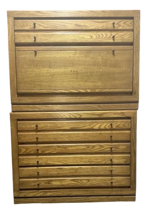 1970s Highboy Chest of Draws Cabinet Bar Oak Wood Veneer Two Piece Stack Dresser