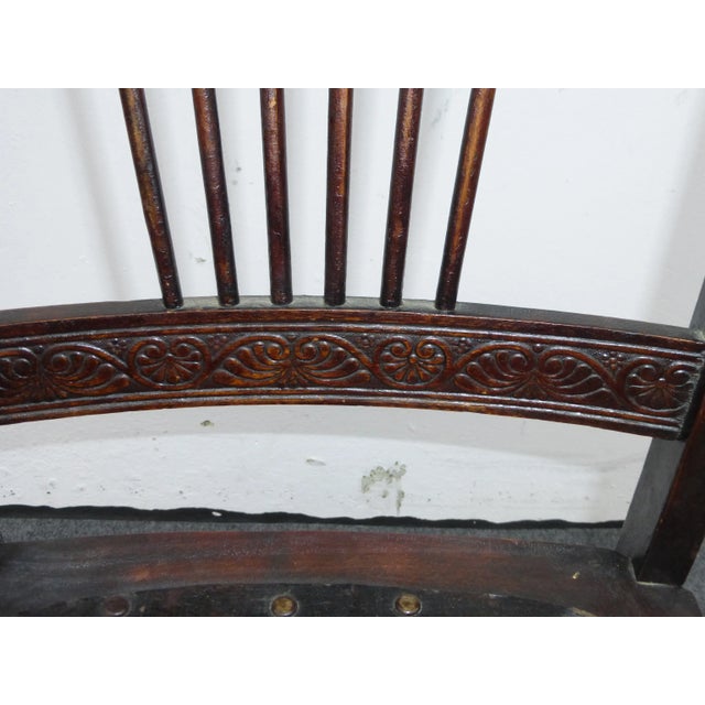 Wood Vintage Carved Rustic Farmhouse Wood Side Chair W Leather Seat For Sale - Image 7 of 11