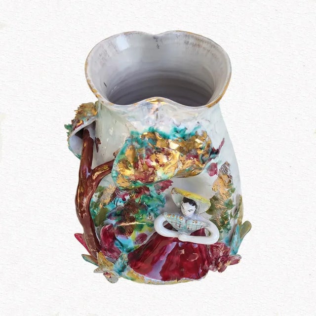 CEM, terracotta vase, polychrome enamels and gold, relief sculpture, h.cm.25x 18x16, 1960s. This piece has an attribution...