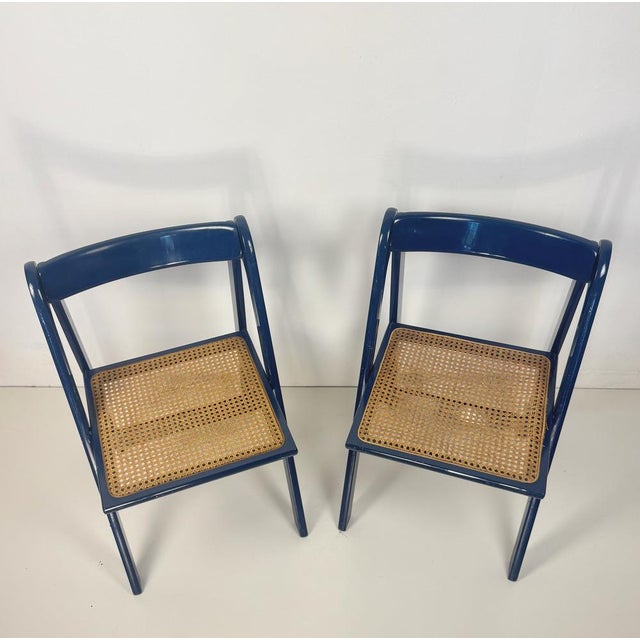 Mid-Century Modern Blue Wood and Wicker Folding Chairs from Bazzani, Italy, 1960s, Set of 2 For Sale - Image 4 of 11