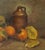 Gorgeous early 20th Century still life with classic autumnal fruit persimmons and a brown jug by A. Thompson (American...