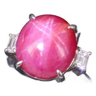 Late 20th Century 14.26 Natural Double Star Ruby & 0.38ct Diamond Platinum Ring Size 5.75 For Sale