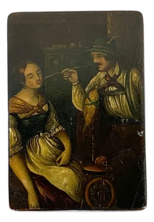 German Johann Paul Hahn Painted and Lacquered Papier-Mache Snuff Box, Courtship Scene
