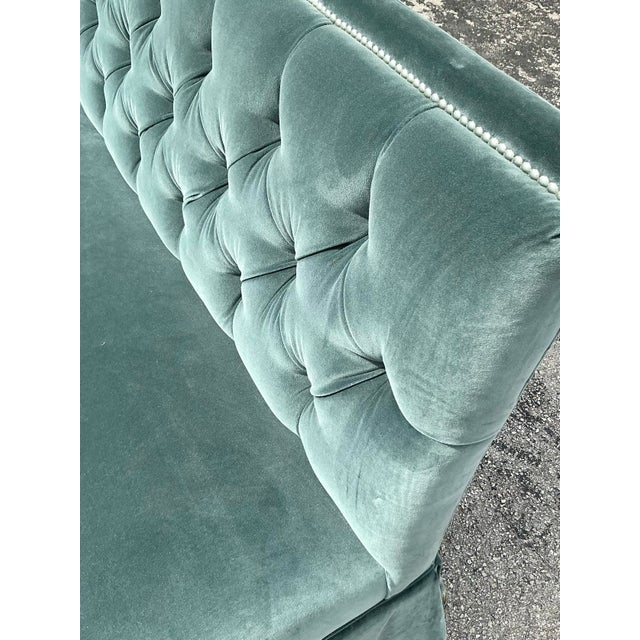 Teal Vintage Regency Sherril Williams Monumental Custom Tufted Banquette Sofa For Sale - Image 8 of 12