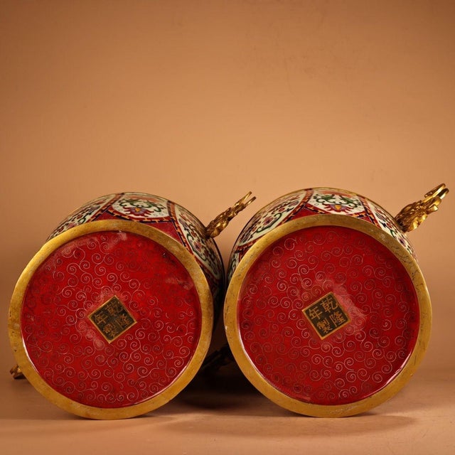 1970s 1970s Monumental Pair of Chinese Cloisonné Enamel Vases With Gilt Dragon Handles For Sale - Image 5 of 9