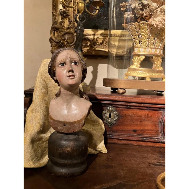 Italian Artist, Carved Polychrome Female Bust Sculpture, 1700s, Lacquered Wood For Sale - Image 11 of 12