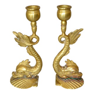 Neoclassical Bronze Sea Serpent or Koi Fish Candle Holders - Pair For Sale