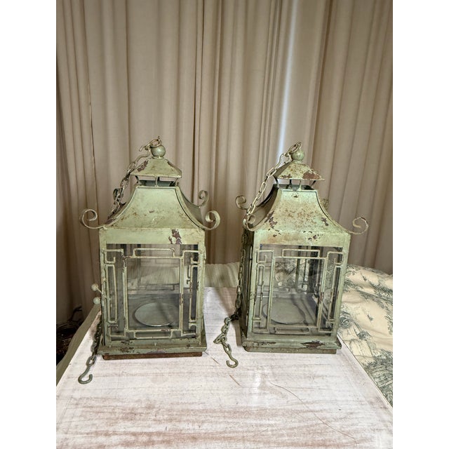 Pair of Vintage Metal Chinoiserie Pagoda-Style Hanging Lanterns With Weathered Sage Green Finish For Sale - Image 12 of 12