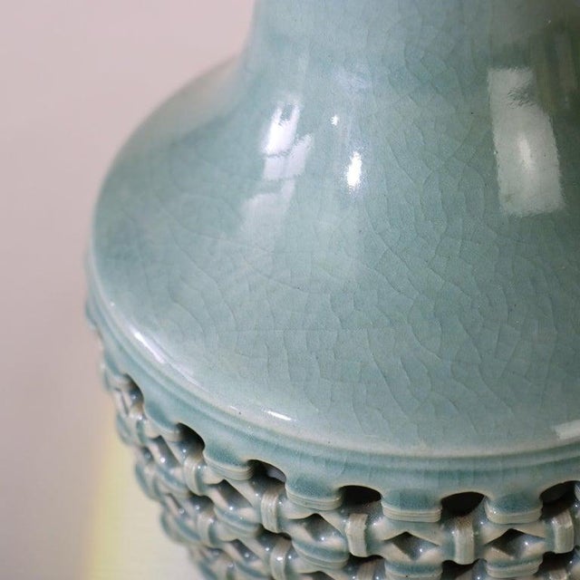 1920s Antique Japanese Reticulated Celadon Pottery Vase Signed C1920 For Sale - Image 5 of 6