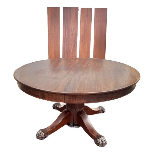 Antique 54" Round Mahogany Pedestal Base Dining Table With 4 Leaves For Sale