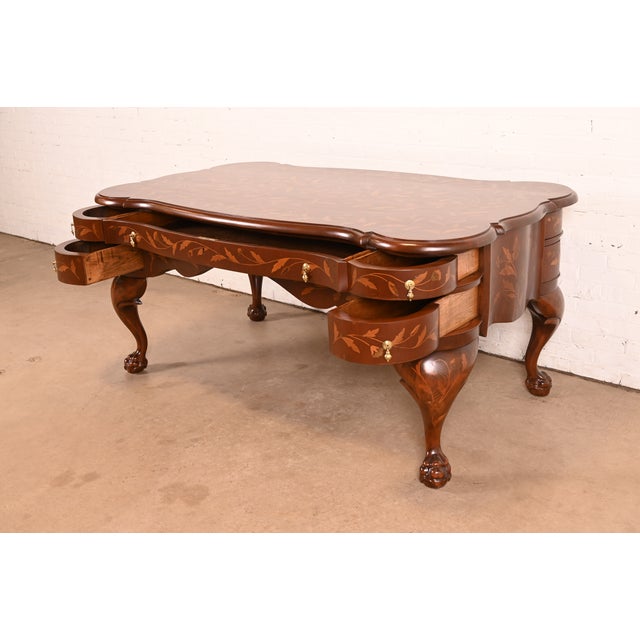 Brown Antique Dutch Louis XV Mahogany Inlaid Marquetry Executive Desk, Circa Late 19th Century For Sale - Image 8 of 14