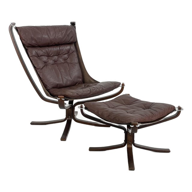 Set of Brown High Backed Falcon Chair with Ottoman by Sigurd Resell For Sale