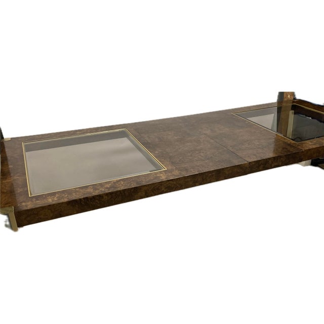 Vintage Burled Walnut & Glass Dining Table With Brass Legs and 2 Leaves For Sale In Denver - Image 6 of 6