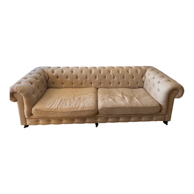 Restoration Hardware 9' Kensington Sofa in Belgian Linen Sand Luxe Depth For Sale