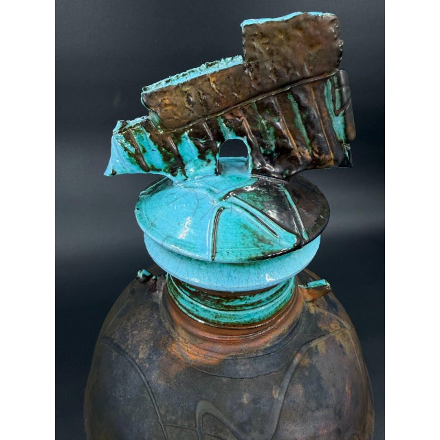 Contemporary Late 20th Century Signed George Whitten Raku Studio Pottery Lidded Sculptural Vessel For Sale - Image 3 of 9