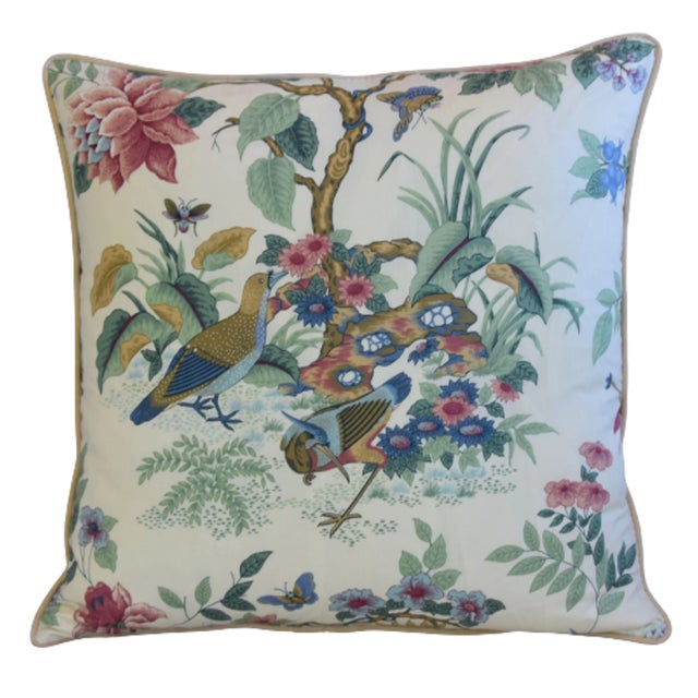 Custom-tailored pillow in Schumacher Fabrics "Dynasty Anshun" cotton fabric depicting a beautiful Asian chinoiserie birds...