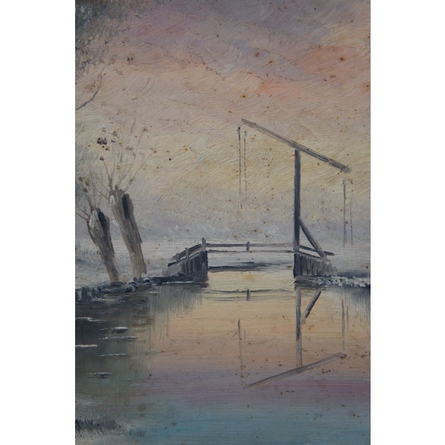 Vintage L Brugman Winter River Landscape Oil Painting on Board 29" For Sale - Image 6 of 11
