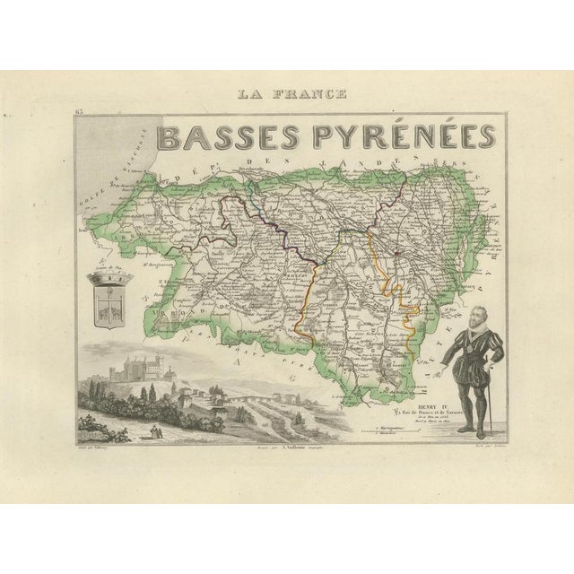 Antique Map of Basses-Pyrénées by Vuillemin, France, 1850 For Sale - Image 3 of 10