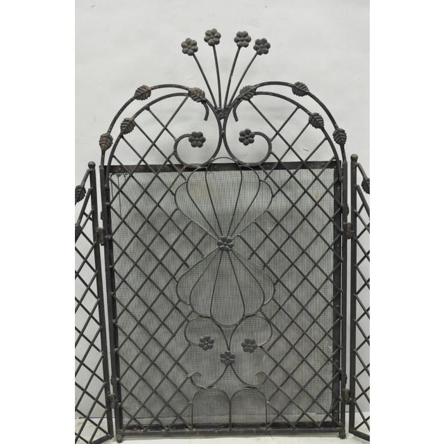 Metal Antique Gothic Arts & Crafts Wrought Iron Scrolling Folding Fireplace Screen For Sale - Image 7 of 18
