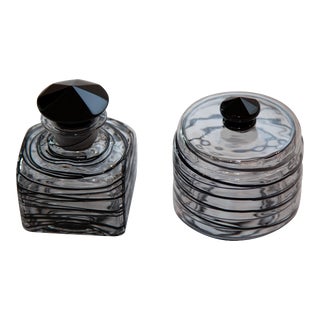 1920s Steuben Clear With Black Threading Vanity Set - Set of 2 For Sale