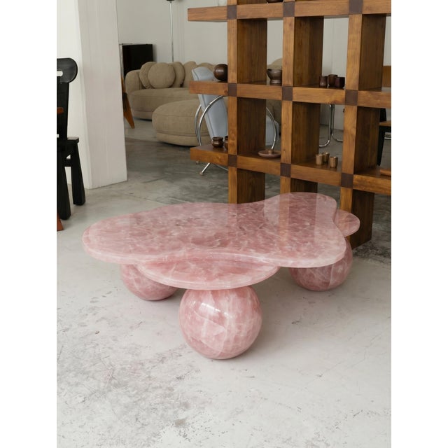Contemporary Handcrafted Rose Quartz Organic Coffee Table With Sphere Legs | Sculptural Luxury Stone Table For Sale - Image 3 of 8
