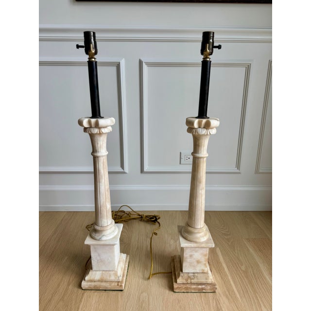 Exceptional Vintage Pair of Italian Hand-Carved Alabaster Neoclassical Column Table Lamps – Newly Rewired For Sale In Chicago - Image 6 of 11
