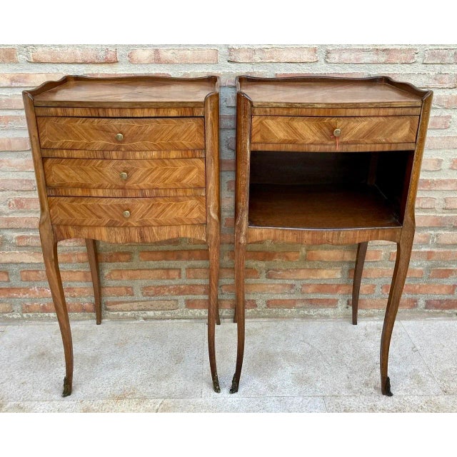 Matching Kingwood Louis XV style nightstands, distinguished from each other in that one has one drawer and open shelf and...