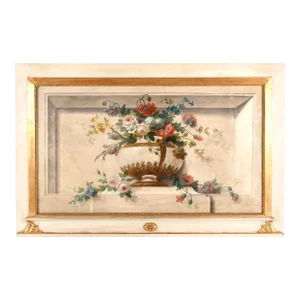 Large 19th Century French Overdoor Painting, Still Life Flowers
