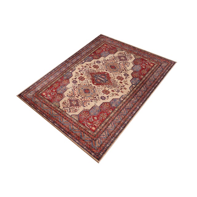 Shabby Chic Tribal Super Kazak Beige/Blue Wool Rug - 5'5'' X 8'1'' For Sale - Image 9 of 10