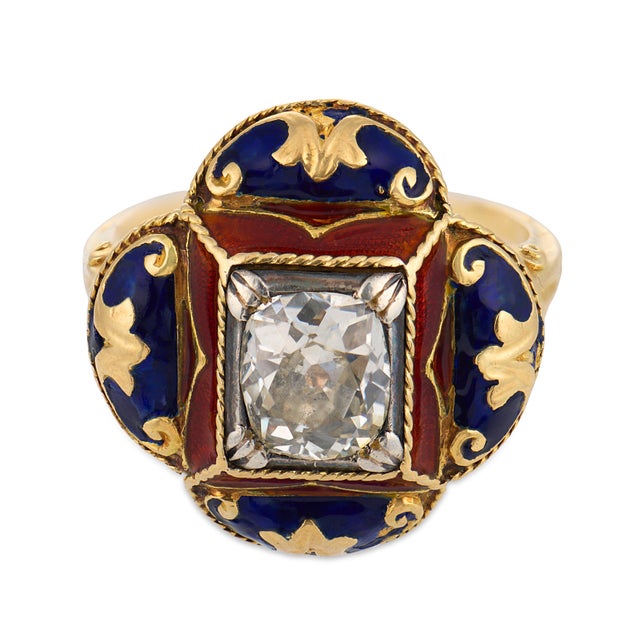 Victorian Late 19th Century Victorian 1.25 Carat Old Mine Cut Diamond 14k Yellow Gold Enamel Ring, Size 8 For Sale - Image 3 of 6