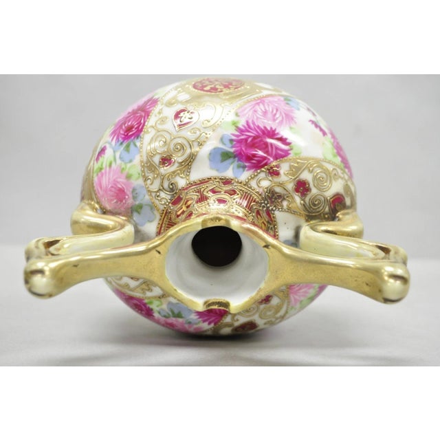 Antique Nippon Moriage Porcelain Twin Handle Ball Vase W/ Hand Painted Roses For Sale - Image 12 of 14