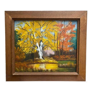 Vintage N. Watson Colorful Landscape Trees Oil on Canvas Framed Painting For Sale
