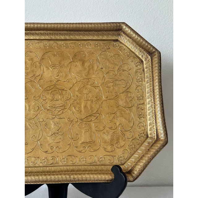 Vintage South India Elongated Octagonal 19.5” Brass Serving Tray With Etched Ethnic, Folklore, Mythological Accents For Sale - Image 10 of 10