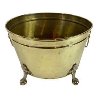 Large Brass Vintage Footed Floor Oval Planter /Container - Lions Head Handles For Sale