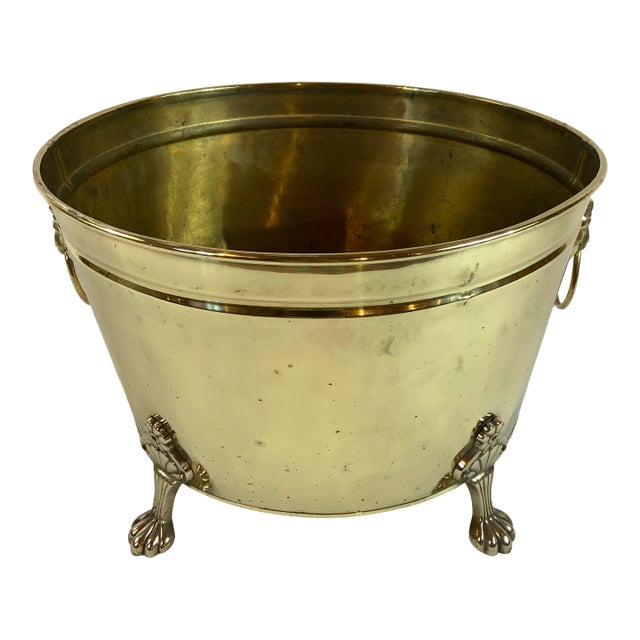 Large Brass Vintage Footed Floor Oval Planter /Container - Lions Head Handles For Sale