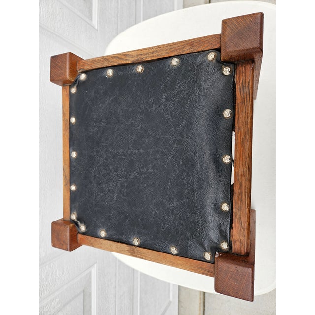 Black Square Mission Arts and Crafts Black Leather and Oak Footstool For Sale - Image 8 of 17