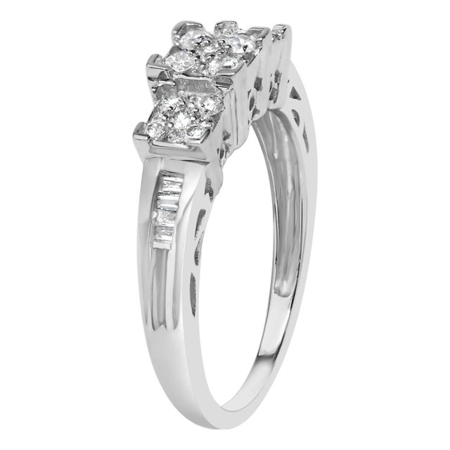 10K White Gold 1/2 Cttw Brilliant & Baguette Cut Diamond 3 Stone Design with 3 Square Clusters Engagement Ring (H-I Color, SI2-I1 Clarity) - Size 7 For Sale