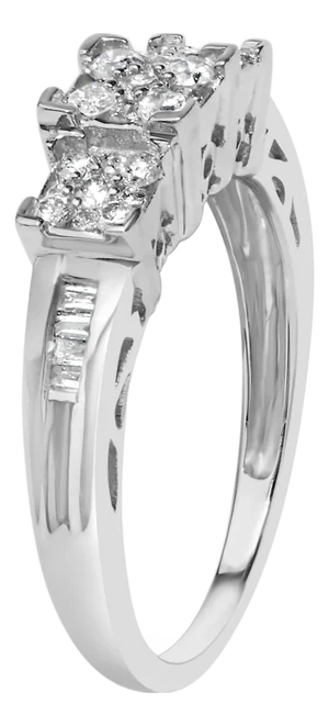 10K White Gold 1/2 Cttw Brilliant & Baguette Cut Diamond 3 Stone Design with 3 Square Clusters Engagement Ring (H-I Color, SI2-I1 Clarity) - Size 7