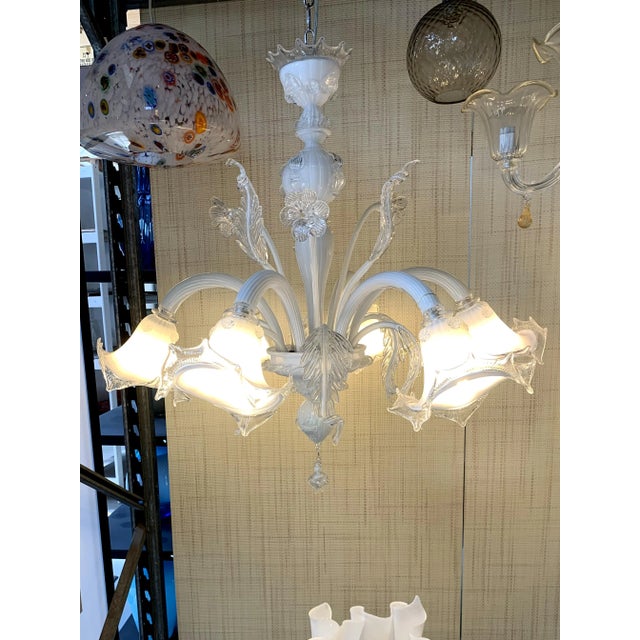 Classical venetianTransparent and milky-white Murano glass chandelier with flowers and leaves. Traditional piece of...