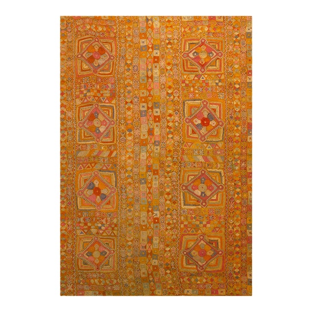 1970s Orange Geometric Vintage Marsh Arab Embroidery Rug 5' 3'' X 8' Knotted Wool Carpet For Sale