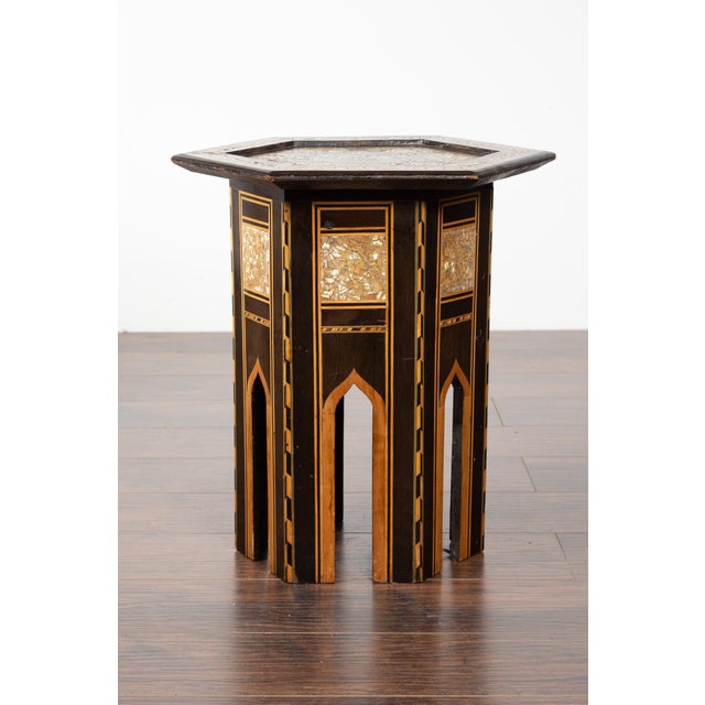 Mid 20th Century Moroccan Midcentury Side Table with Hexagonal Top and Mother-of-Pearl Inlay For Sale In Atlanta - Image 6 of 12