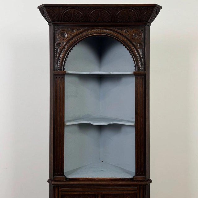 Antique English Carved Oak Corner Cabinet For Sale - Image 4 of 6