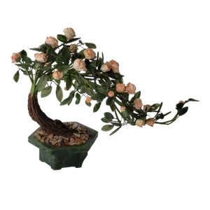 Mid 20th Century Chinese Green Jade Tree With Pink Salmon Roses