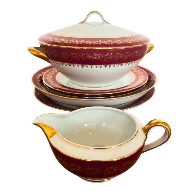 Ceramic Mid-Century Porcelain Dinner Service with Ruby Red and Gilt Frieze from Limoges, 1950, Set of 26 For Sale - Image 7 of 11